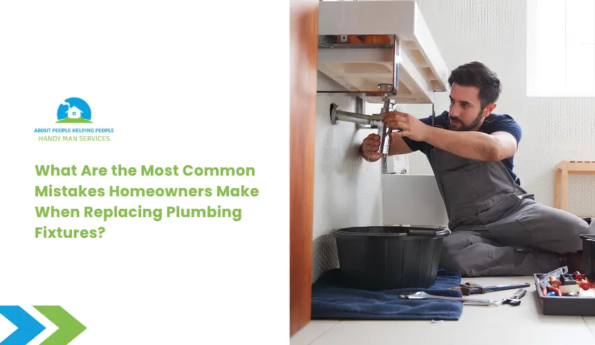 A man in work overalls kneels under a sink, using a wrench to fix plumbing pipes. A black bucket is beneath the pipes, and tools are scattered nearby. Text on the left reads: What Are the Most Common Mistakes Homeowners Make When Replacing Plumbing Fixtures?