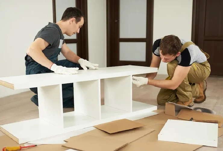 About People Helping People carpenters assembling white shelving