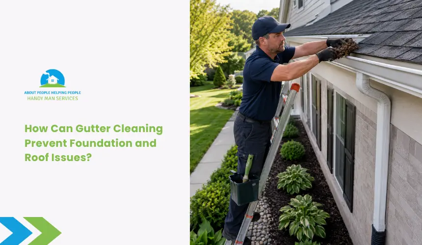 Technician removing leaves and debris from a residential gutter